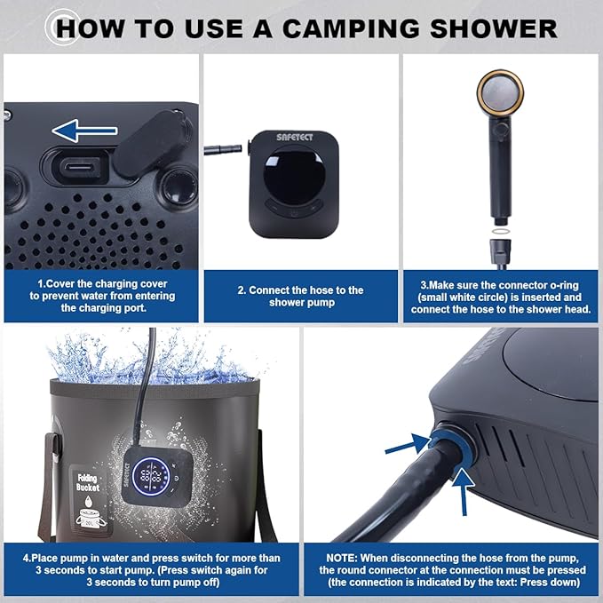 Portable Camping Shower Pump, 5 Speed Mode, 8000mAh Rechargeable Shower Pump, 4 Mode Shower Head and 20 L Foldable Bucket, Camp Shower for Hiking,Travel Beach, Pet Bath, Car Washing