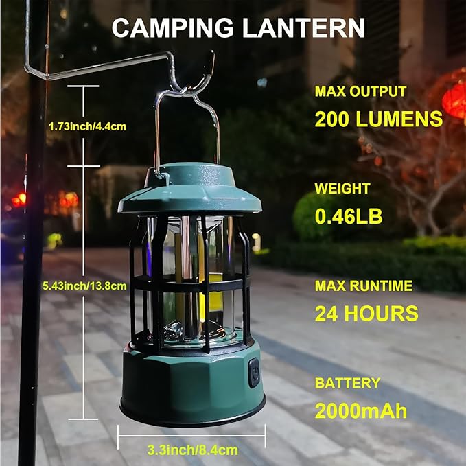 Camping Lantern Vintage Camp Light Dimmable USB C Rechargeable Portable Hanging Tent Retro COB Lights for Power Outages, Survival, Hiking, Bar (5.4 in Height, Green)