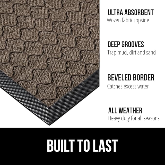 GORILLA GRIP 100% Waterproof All-Season WeatherMax Doormat, 47x35, Durable Natural Rubber, Stain and Fade Resistant, Low Profile, Indoor Outdoor Doormats, Easy Clean Patio Entry Mat, Latte Quatrefoil