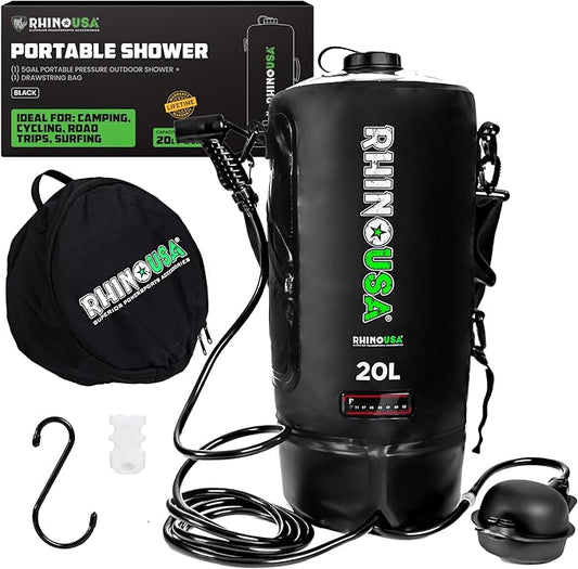 Rhino USA 5 Gal / 20L Portable Solar Camp Shower - Essential for Camping, Festivals, Overlanding, Beach Trips, Outdoor Shower and More!