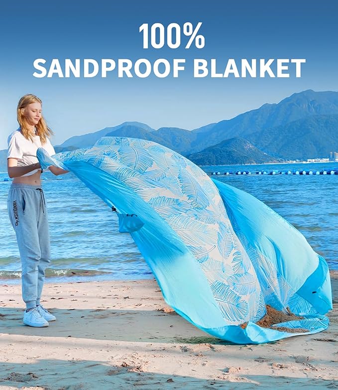 LH Beach Blanket Sandproof, 107"*90" Extra Large Waterproof Beach Mat for 2-8 Adults, Picnic Blankets for Camping, Beach Essentials Big & Compact Quick Drying, Lightweight & Durable with 4 Stakes