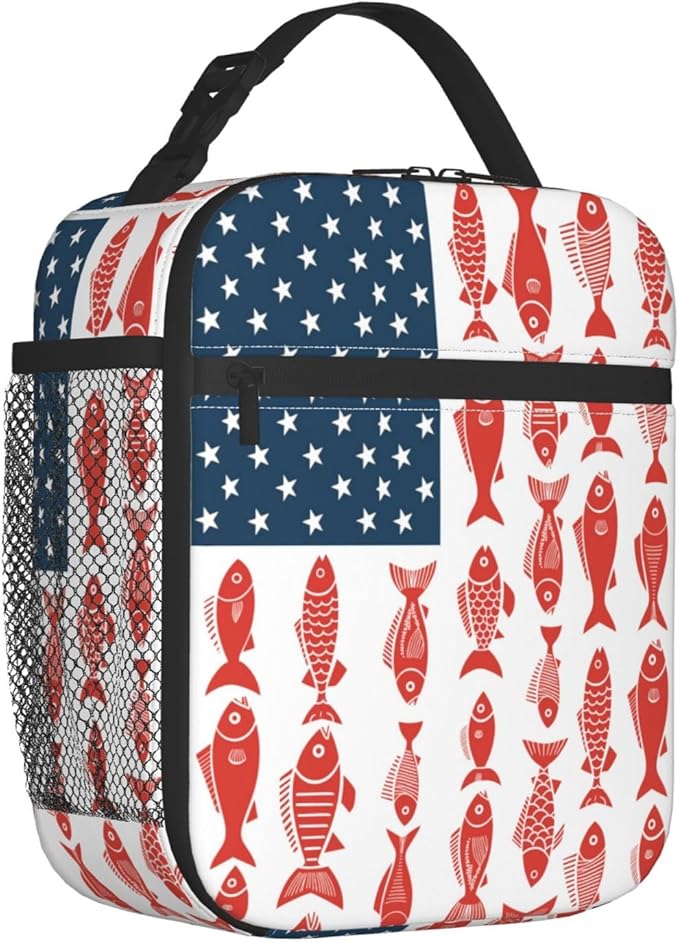 American Flag Fish Lunch Bag Insulated Reusable Lunch Box Thermal Cooler Tote For Men Women Work Travel Picnic Hiking