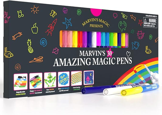 Marvin's Magic - 30 Amazing Magic Pens - Color Changing Magic Pen Art - Create 3D Lettering, Write Secret Messages - Stationery Supplies, Art Supplies for Kids, Coloring Markers and Kids Drawing Kit