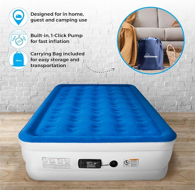 SoundAsleep Dream Series Luxury Air Mattress with ComfortCoil Technology & Built-in High Capacity Pump for Home & Camping- Double Height, Adjustable, Inflatable Blow Up, Portable - Queen Size