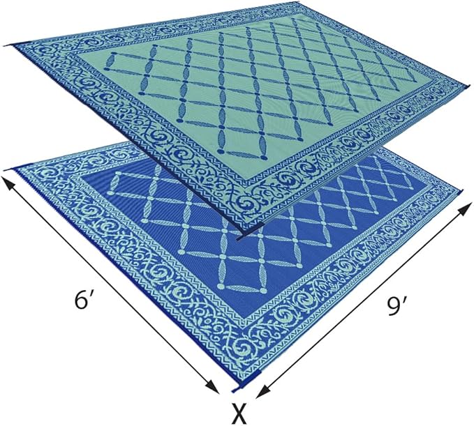 Stylish Camping 116093 6-feet by 9-feet Reversible Mat, Plastic Straw Rug, Large Floor Mat for Outdoors, RV, Patio, Backyard, Picnic, Beach, Camping (Blue/Light-Green)