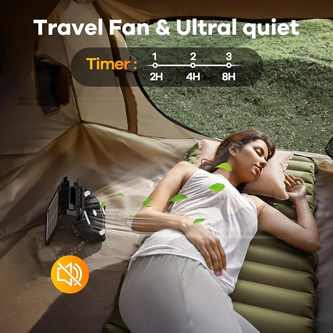 Solar Powered Fan for Camping, 10400mAh Rechargeable Battery Operated Portable Fan with LED Lantern, 4 Speeds Powerful Wind and 3 Timer Table Fan, for Picnic, Hurricane, Fishing, (Black)