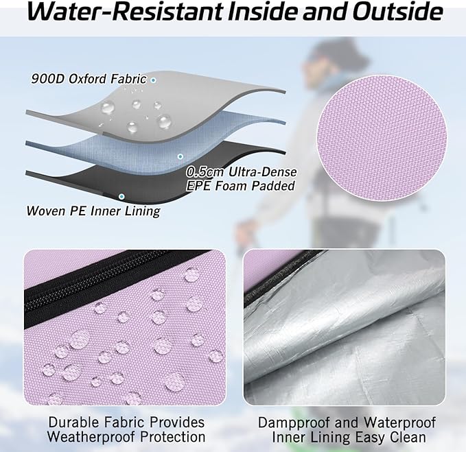 Padded Ski Bag - Waterproof, Adjustable Length, Fits Skis Up to 200cm, Portable Snow Travel Bag with Removable Shoulder Strap