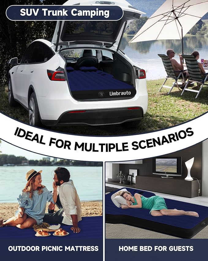 Umbrauto Air Mattress for Tesla Model Y, Inflatable Camping Airbed for SUV Trunk, Fodable Sleeping Pad with Air Pump and Storage Bag for Road Trip Travel