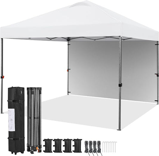 Yaheetech 10x10 Pop up Canopy Tent w/1 Sidewall, Instant Commercial 150D Silver Coated Fabric Outdoor Instant Tent w/Wheeled Bag, 4 Sandbags, 8 Stakes & 4 Ropes for Parties, Camping, Beach, White