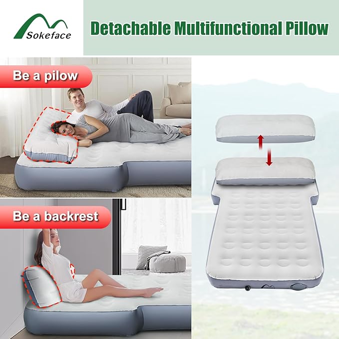 SUV Air Mattress with One-Click Charging Wireless Air Pump, Detachable Pillow, 10inch Air Mattress for Jeep Wrangler JK JKU JL JLU Unlimited 4 Door, Heavy Duty, Car Camping, Patent Pending