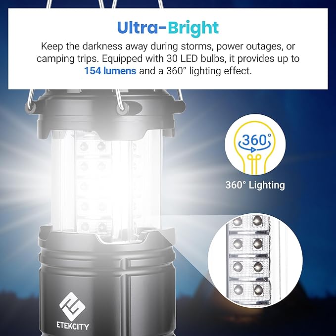 Etekcity Lantern Camping Essentials Lights, Led Flashlight for Power Outages, Tent Lights for Emergency, Survival Gear and Supplies for Hurricane, Battery Operated Lamp, 2 Pack, Black