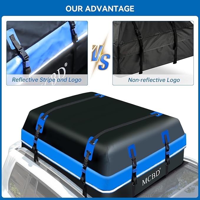 Rooftop Cargo Carrier Bag, 15 Cubic Feet Soft-Shell Waterproof Car Roof Luggage Bag for All Vehicles SUV with/Without Rails, Includes 10 Reinforced Straps + 4 Door Hooks,Storage Bag,Anti-Slip Mat,Blue