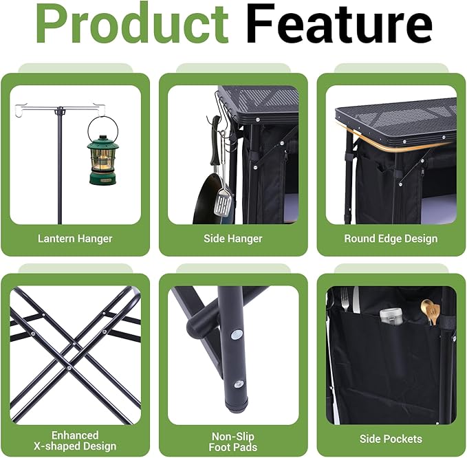 Nice C Camping Kitchen Station, Folding Table & Organizers, Upgrade Light Stand and Windshield Cooking Station, Carry Bag for Beach, Picnic (Black)