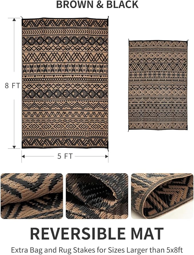 MontVoo-Outdoor Rug Carpet Waterproof 5x8 ft Reversible Patio Rug RV Camping Rug-Plastic Straw Rug Outside Indoor Outdoor Area Rug for Patio Deck Balcony Picnic Beach Outdoor Decor Boho Black Brown