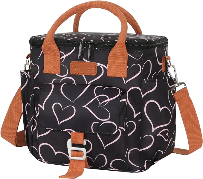 Joymee Large Insulated Lunch Bag for Women Adults, Reusable Waterproof Lunch Box for Work Picnic Camping, Small Lunch Cooler Leakproof Tote with Side Pocket Adjustable Shoulder Strap - Love Heart