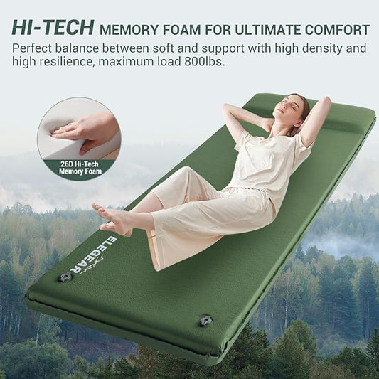 Elegear Self Inflating Sleeping Pad, 3.15" Ultra-Thick Memory Foam Camping Pad with Pillow Fast Inflating in 20s Insulated Camping Mattress Pad 4-Season Camp Sleeping Mat for Camp/Travel/Car/Tent