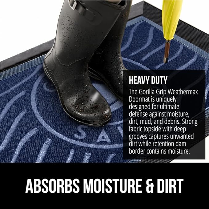 GORILLA GRIP 100% Waterproof All-Season WeatherMax Doormat, Durable Natural Rubber, Stain and Fade Resistant, Low Profile, Indoor Outdoor Door Mats, Easy Clean Patio Entrance Mat, 17x29, Blue Sailing