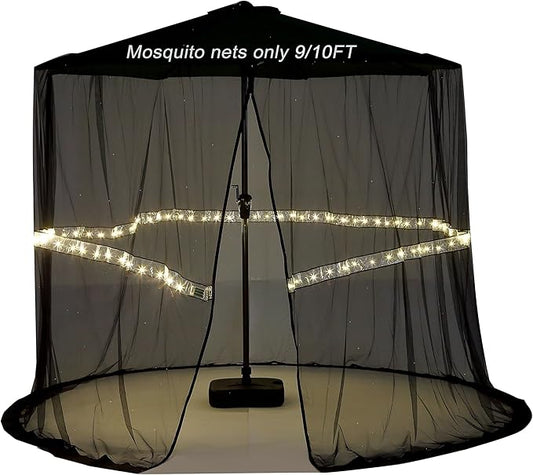 9/10FT Mosquito Net for Patio Umbrella Outdoors Screen Polyester Hanging Tent （Mosquito Net Only） (9FT/10FT(with Light))