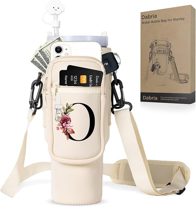 dabria Initial A-Z Water Bottle Bag with Phone Pocket for Stanley 40 oz Tumbler Neoprene Water Bottle Holder Pouch with Adjustable Strap Bollus with Straw Cover & Carabiner for Stanley Cup Accessories