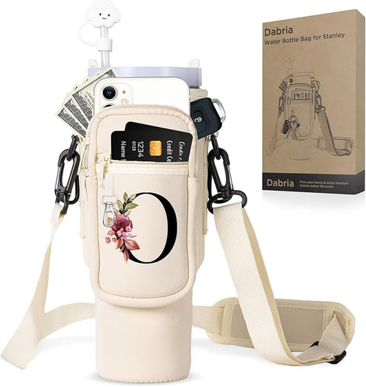 dabria Initial A-Z Water Bottle Bag with Phone Pocket for Stanley 40 oz Tumbler Neoprene Water Bottle Holder Pouch with Adjustable Strap Bollus with Straw Cover & Carabiner for Stanley Cup Accessories