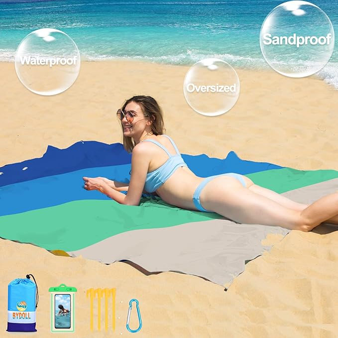 BYDOLL Beach Blanket 78''X81'' 4-7 Adults Oversized Lightweight Waterproof Sandproof Blanket for Beach Large Picnic Mat Travel Camping