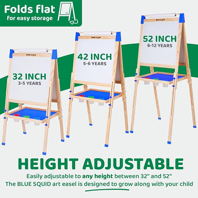 Blue Squid Art Easel for Kids - Dual-Sided Adjustable Wooden Painting Easels, Ideal Christmas Gift for Toddlers and Kid - with Magnetic Chalk Board, White Board & Paper Roll, Includes Accessories