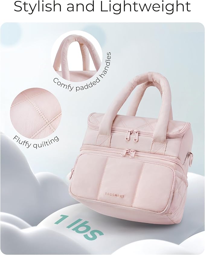 BAGSMART Lunch Bag Women, Double Deck Insulated Lunch Box, Quilted Puffer Lunch Tote, Leakproof, Durable & Reusable Large Lunch Cooler For Work Picnic Travel Meal Prep, Light Blue