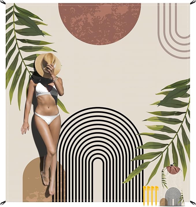 Bohemian Beach Blanket Waterproof Sandproof, 110''×118'' Oversized Sand Free Beach Mat 8 Adults, Polyester Lightweight Compact Picnic Blanket w/ 4 Stakes for Travel, Camping, Hiking - Rainbow Leaves