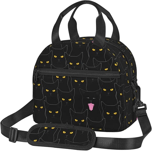 bassyil Black Cat Lunch Box Reusable Insulated Totes Lunch Bag Thermal Cooler Adjustable Shoulder Strap Bag For Men Women