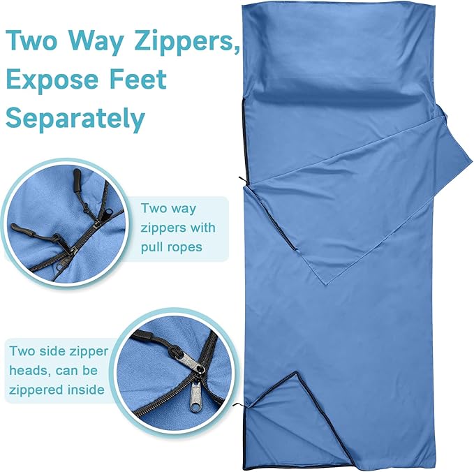 Sleeping Bag Liner, Self Tan Sleep Sack, Adult Sleep Sack, Two-Way-Zipper Expose Feet Separately, Portable Single Camping Travel Sheets for Hotel,Hostels,Business Trips