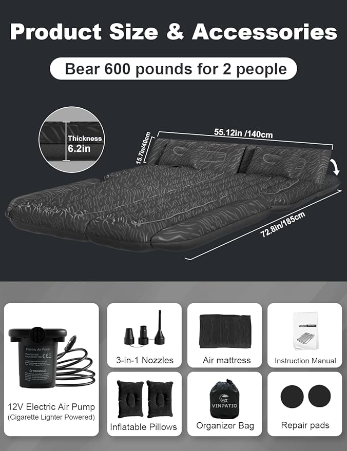 Umbrauto SUV Air Mattress for Trunk: Upgraded Car Camping Mattress with Flocked Surface and Extra Thick Bottom, Van Sleeping Bed for Back Seat with Pump, Nozzle, Repair Patch, Carry Bag