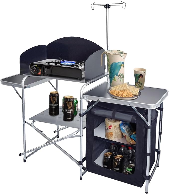 CampLand Folding Cooking Table Outdoor Portable Cook Station Aluminum Camping Kitchen with Storage Organizer (Black)