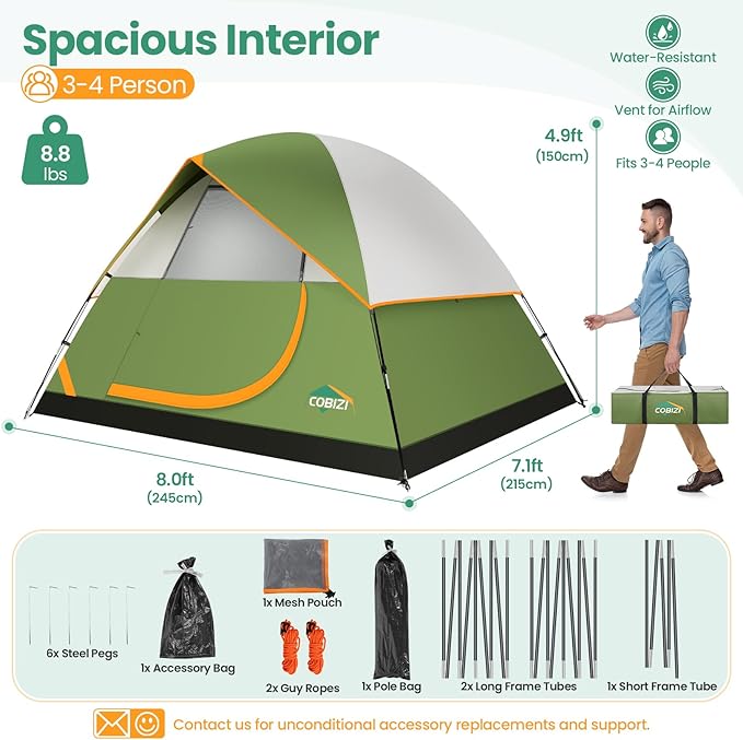 COBIZI Camping Tent, 4/6 Person Easy Setup Waterproof Windproof Backpacking Tent with Removable Rainfly, Lightweight Portable Outdoor Family Tents for Camping, Travel, Fishing, Hiking, Scouts