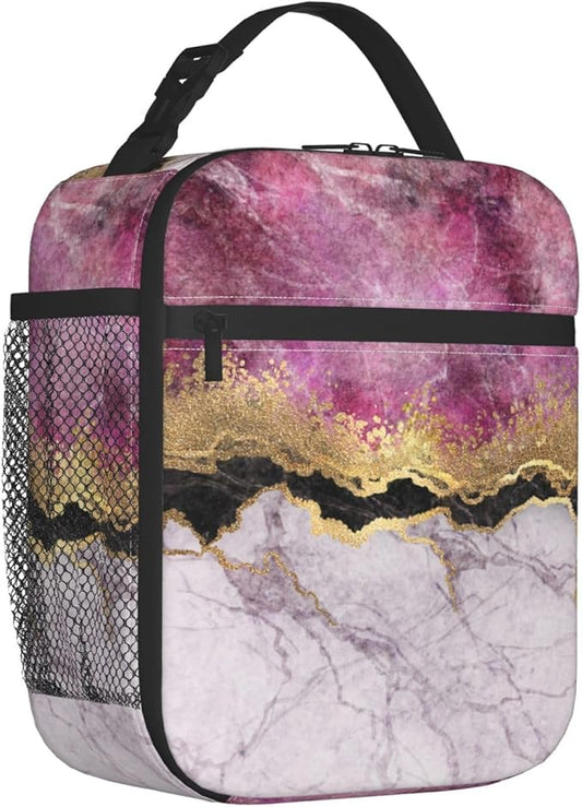 Fashion Marble Lilac Gold Purple Insulated Lunch Bag Reusable Cooler Lunch Box Portable Leakproof Thermal Container Tote Bags for Girls Boys School Travel