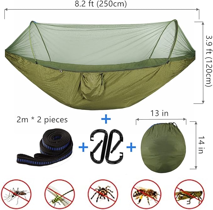 LFL Camping Hammock with Mosquito Net, Hammocks with 13ft Tree Straps Carabiners, Automatic Quick Open Outdoor Portable Hammock, Nylon Parachute Material Outside Hiking Gear (Green)
