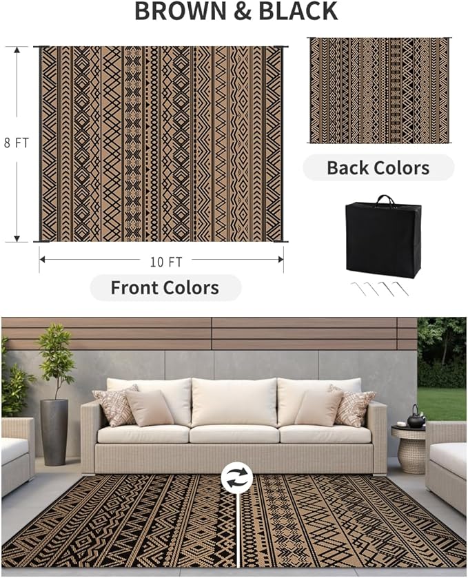 MontVoo Outdoor Rug 8x10 Waterproof Outdoor Patio Rug Mat Reverisble Plastic Straw Outdoor Rug for RV Camping Picnic Beach Balcony Boho Black Brown