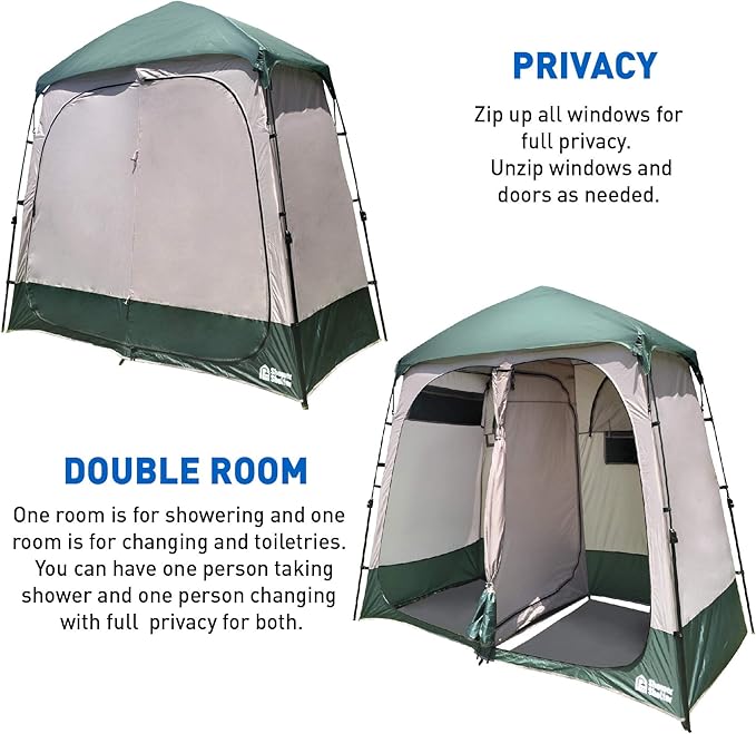EasyGo Product Shower Shelter – Giant Portable Outdoor Pop UP Camping Shower Tent Enclosure – Changing Room – 2 Rooms – Instant Tent – 7.5' Tall x 4' Deep x 7.5' Wide, Green