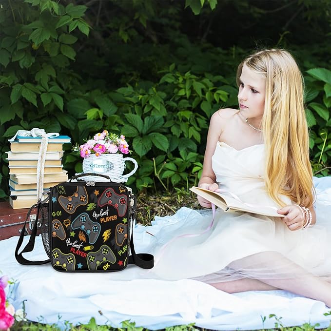 cfpolar Game Lunch Box for Boys Girls, Video Game Controller Insulated Lunch Bags for Kids Reusable Mini Cooler Lunch Tote Lunchbox Thermal Meal Tote Kit with Shoulder Strap for Work School Picnic