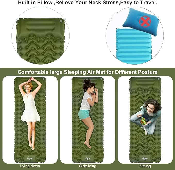 Sleeping Pad, Ultralight Inflatable Sleeping Pad for Camping, Built-in Pump, Ultimate for Camping, Hiking, Airpad, Carry Bag, Repair Kit, Compact & Lightweight Air Mattress(Green)