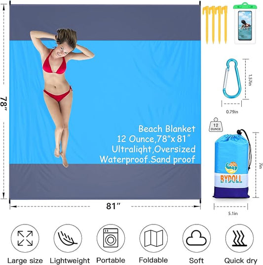BYDOLL Beach Blanket 78''X81'' 4-7 Adults Oversized Lightweight Waterproof Sandproof Blanket for Beach Large Picnic Mat Travel Camping