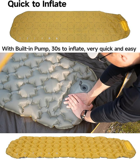 iClimb Ultralight Compact Sleeping Pad with Built-in Pump Inflatable Portable Air Mattress for Camping Backpacking Hiking (Yellow)