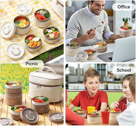 YBOBK HOME Thermal Bento Lunch Box, Portable Insulated Lunch Container For Kid Aldult To School Work, Keep Food Warm Stainless Steel Lunch Box With Bag, Induction Cooker & Microwave Safe (Beige 34oz)