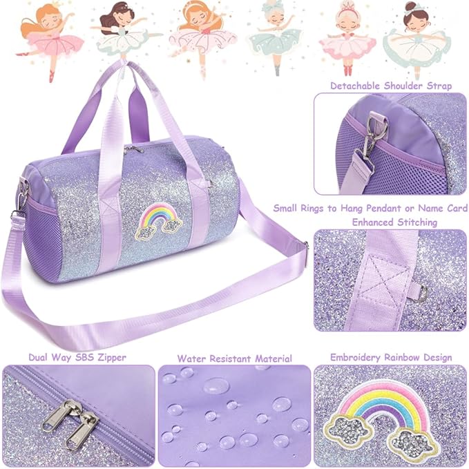 Ballet Dance Bag for Girls Shiny Rainbow Glitter Sports Duffle Bags for Girls Ballerina Duffle with Waterproof Dry Wet Separated Compartment