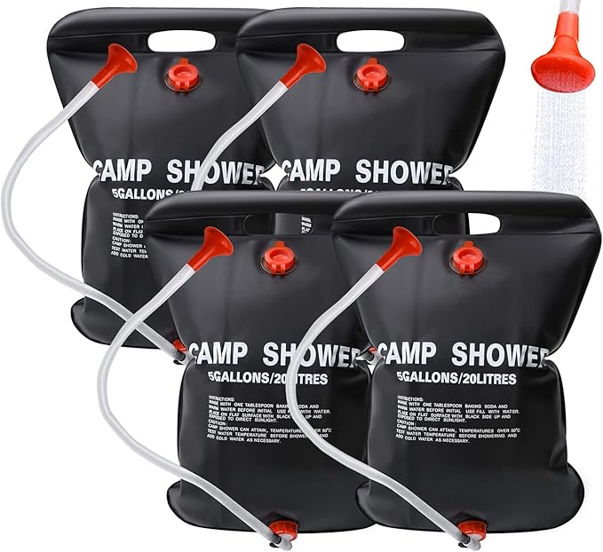 DkOvn Solar Shower Bag, 1/2/4 Pack 5 Gallons/20L Camping Shower Bag, Portable Shower Bag with Removable Hose and On-Off Switchable Shower Head for Camping Beach Swimming Outdoor Traveling