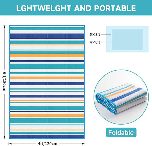 Outdoor Patio Plastic Rug Waterproof - Outdoor Rugs for Camper Outside, Rv, Porch Deck Clearance, Area Carpet for Outside, Balcony, Patio Decor, Blue & Yellow, 4x6 ft