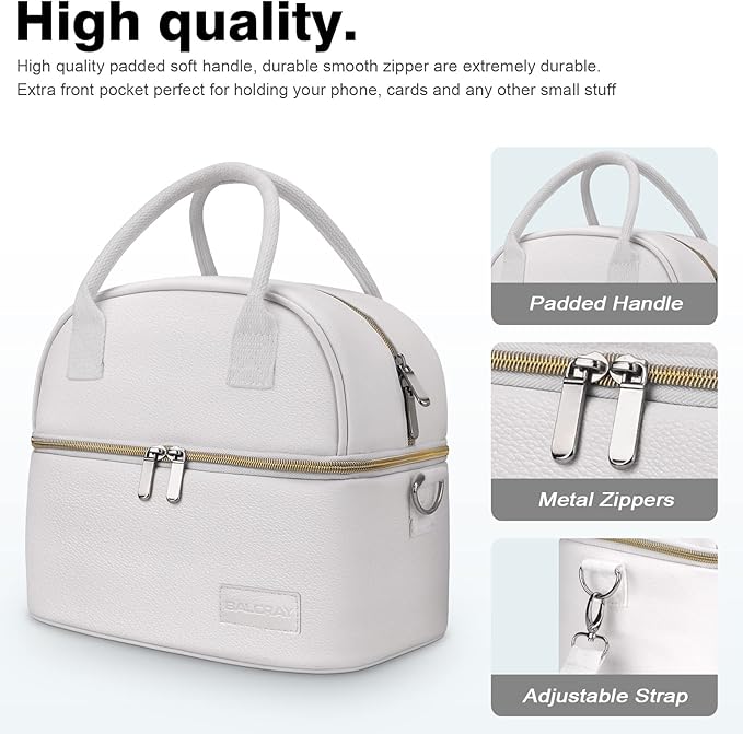 BALORAY Lunch Bag for Women Men, Double Deck Lunch Box for Adults, PU Leather Lunch Tote Bag Insulated Lunch Bags with Strap for Work Office Picnic