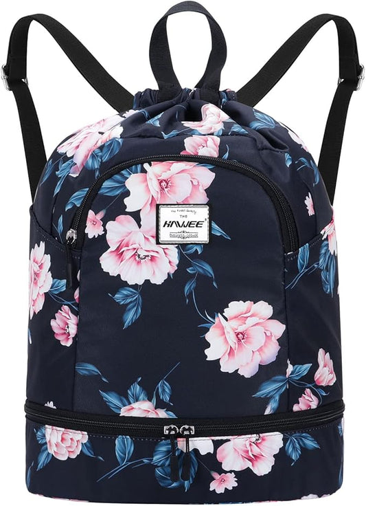 Dry Wet Drawstring Backpack with Shoe Compartment for Women Adjustable Gym Bag