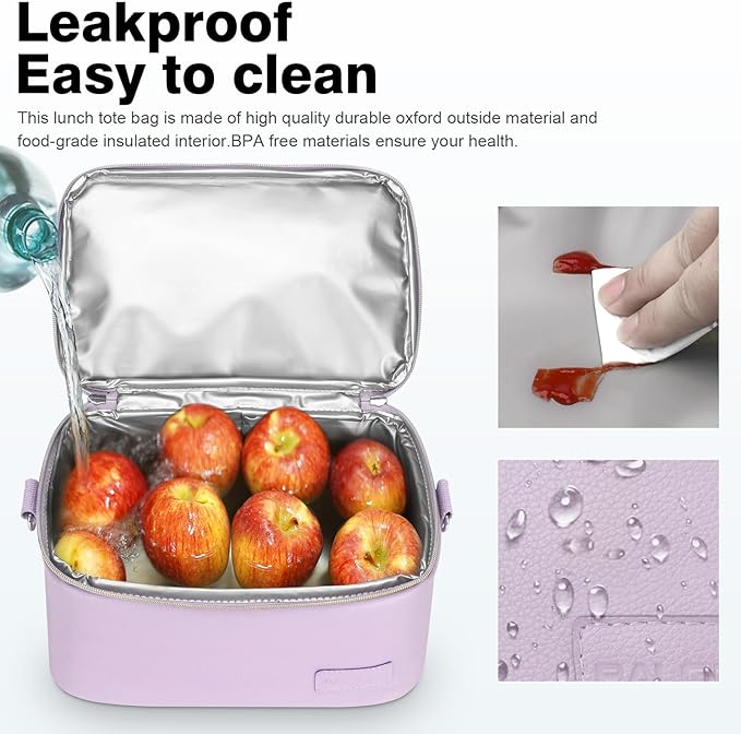 BALORAY Lunch Bag for Women Men, Double Deck Lunch Box for Adults, PU Leather Lunch Tote Bag Insulated Lunch Bags with Strap for Work Office Picnic (Purple)