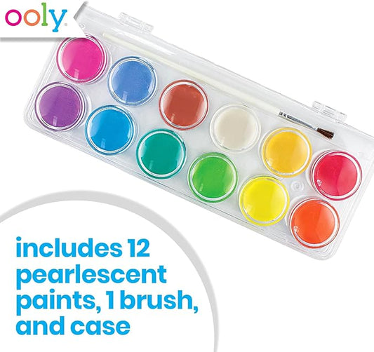 Ooly Chroma Blends Pearlescent Watercolor Set, 12 Colors, Watercolor Pack for Creative Kids and Adults, Vibrant Colors in a Portable Case, Art Supplies for Ages 6 and Up, Brush Included