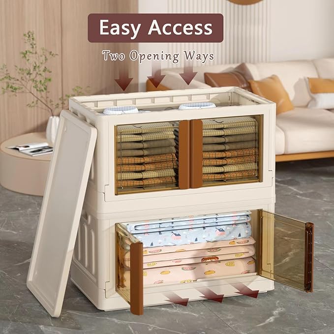 8.4Gal Collapsible Storage Bins with Lids & Wheels - 4 Pack Stackable with Doors, Heavy-Duty Plastic Containers for Home/Office, Milk White